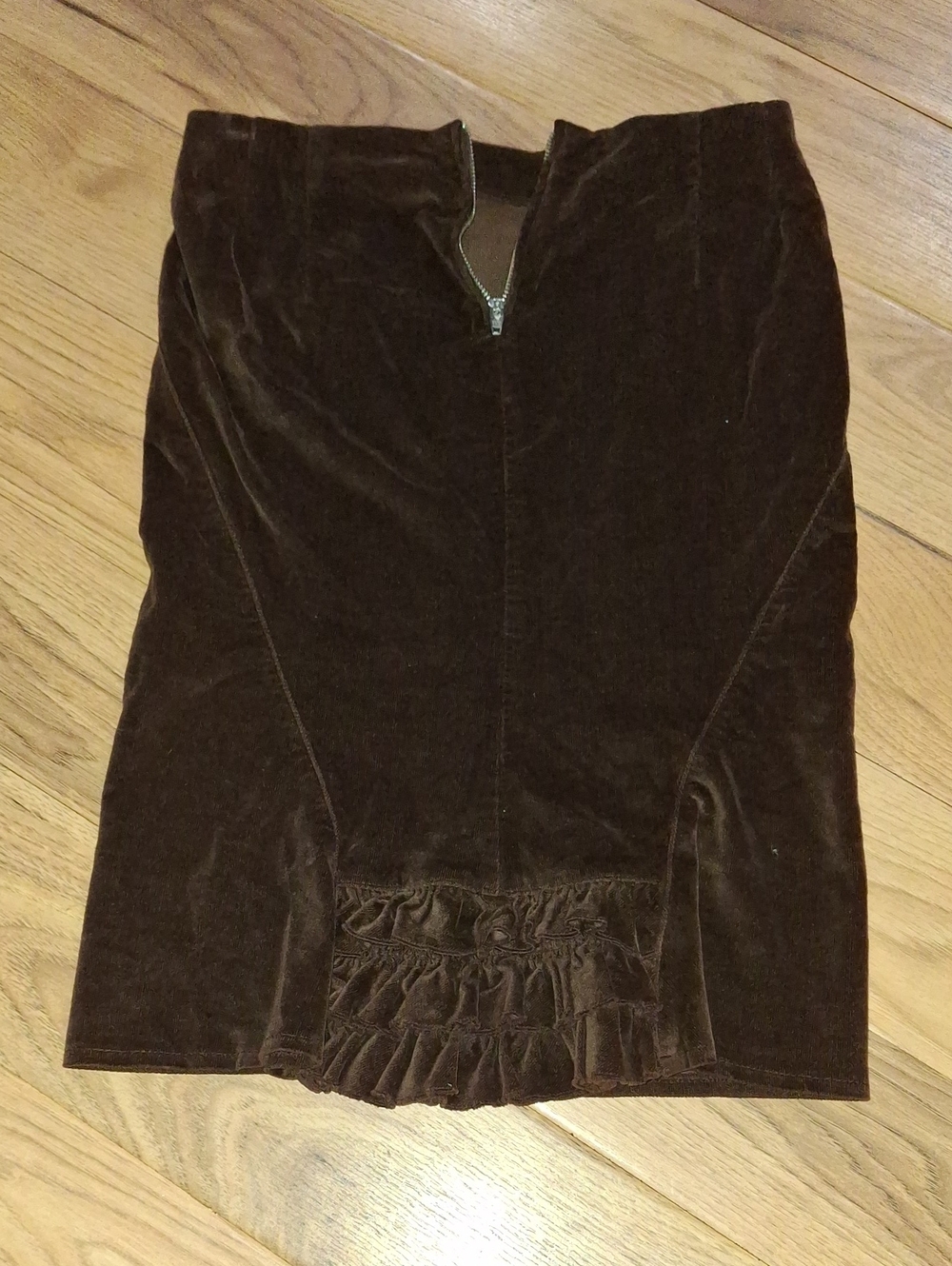 Sisley Dark Brown Velvet Pencil Skirt with Ruffle Detail